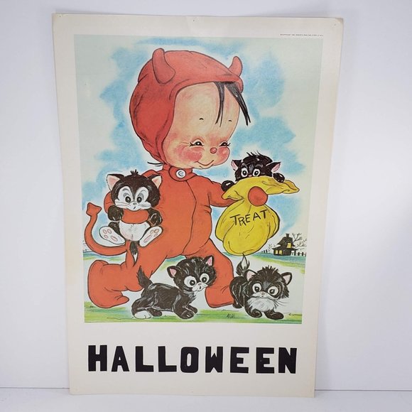 Vintage 1968 Classroom Poster Atrelle Dill Roberta Ross Halloween Devil Cat - Picture 2 of 5